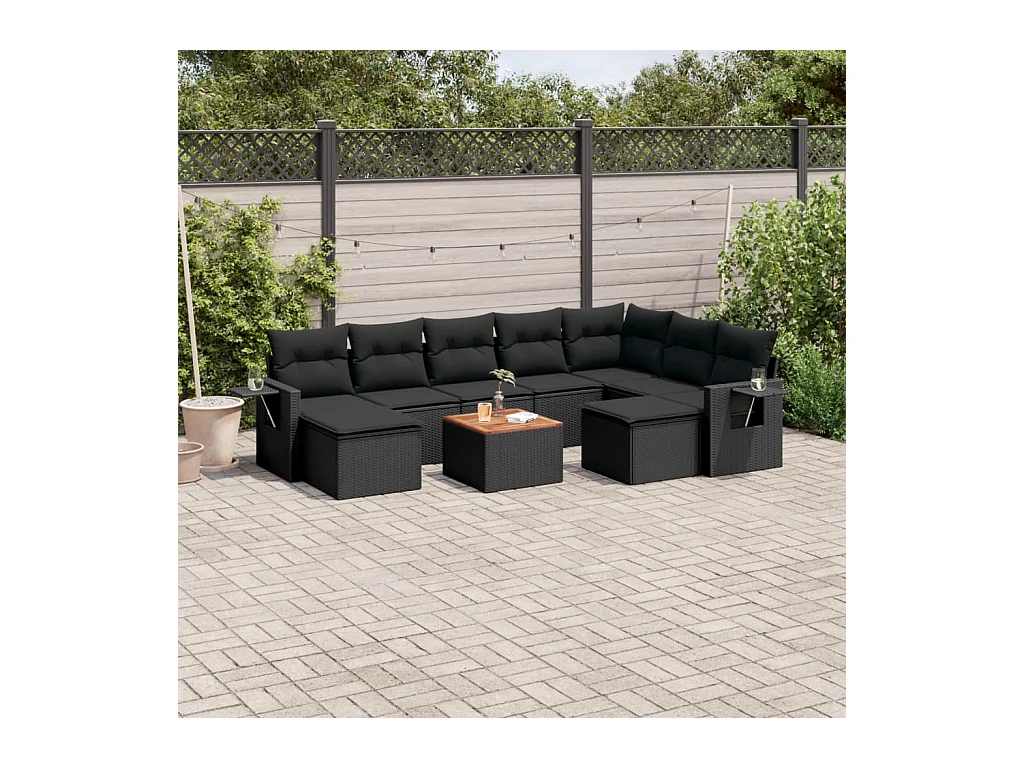 Set Divani da Giardino 10pz con Cuscini in Polyrattan Nero