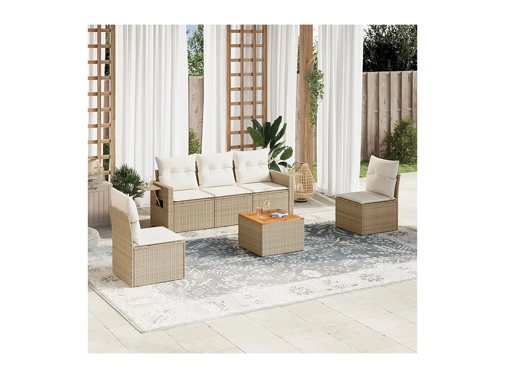 6-delige Loungeset met kussens poly rattan beige