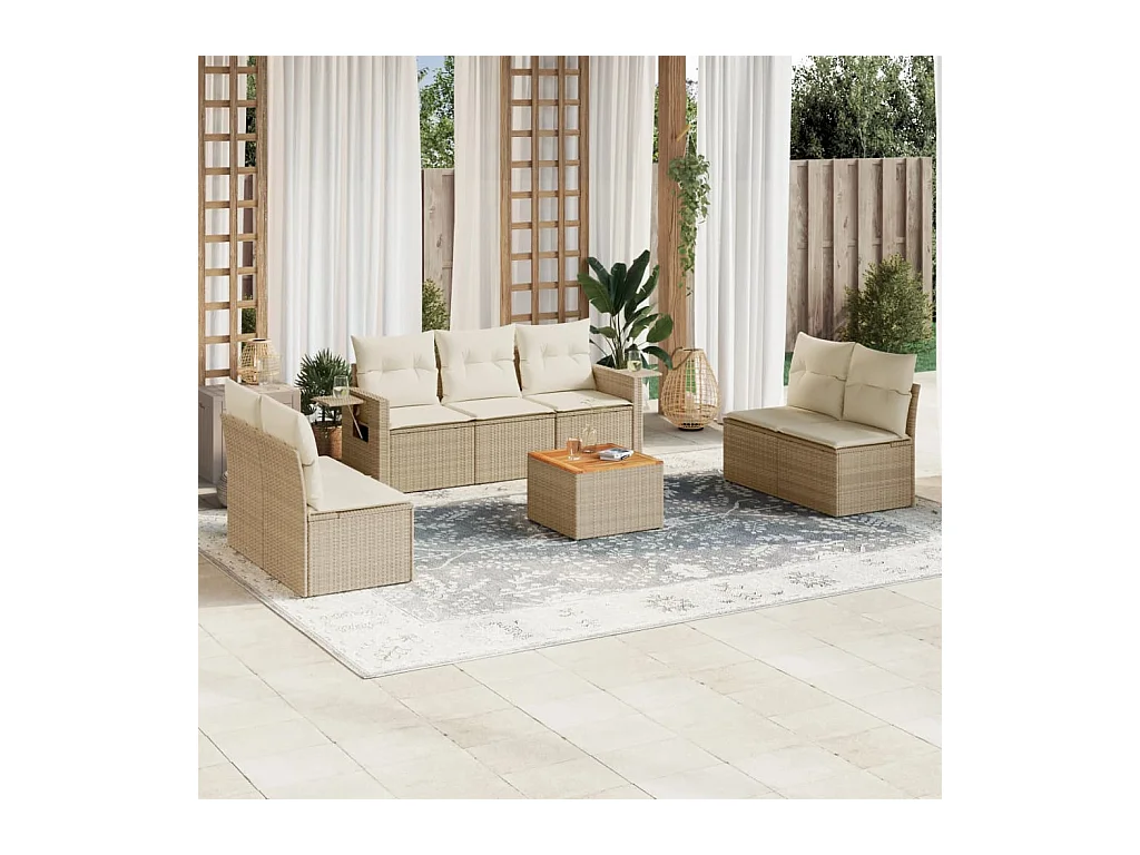 Salon de jardin avec coussins 8 pcs beige résine tressée