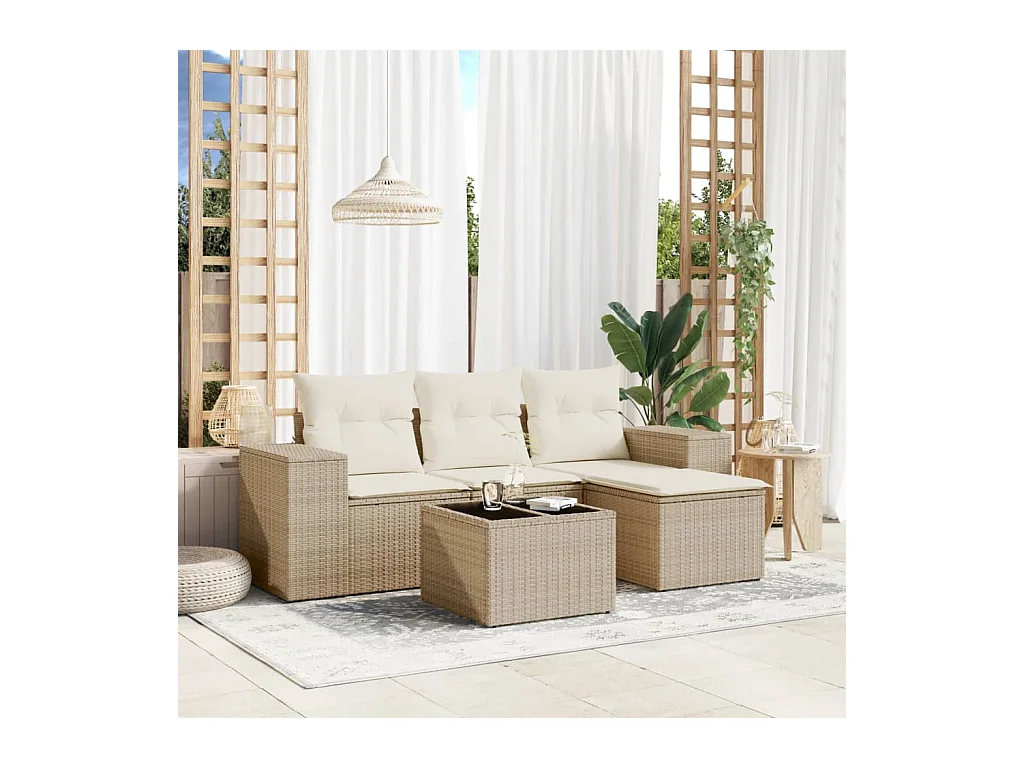 5-delige Loungeset met kussens poly rattan beige