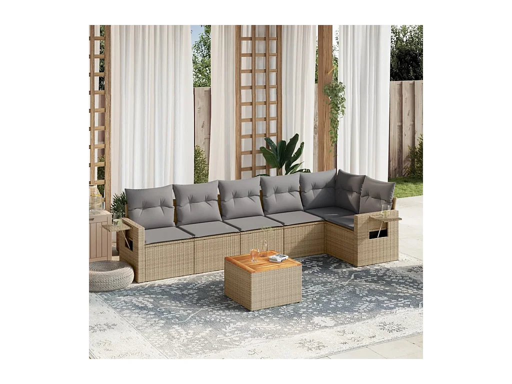Salon de jardin avec coussins 7 pcs beige résine tressée