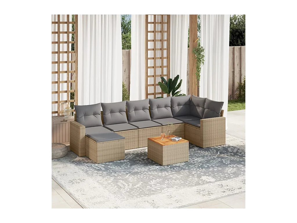 Salon de jardin avec coussins 8 pcs beige résine tressée