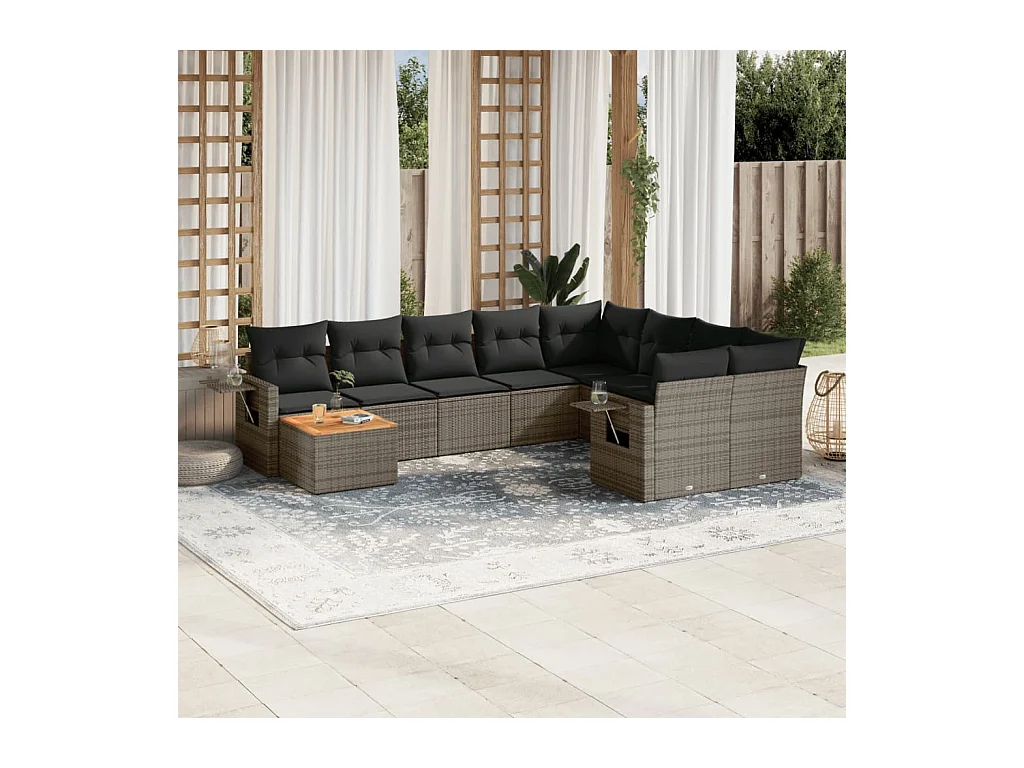 Salon de jardin avec coussins 10 pcs gris résine tressée