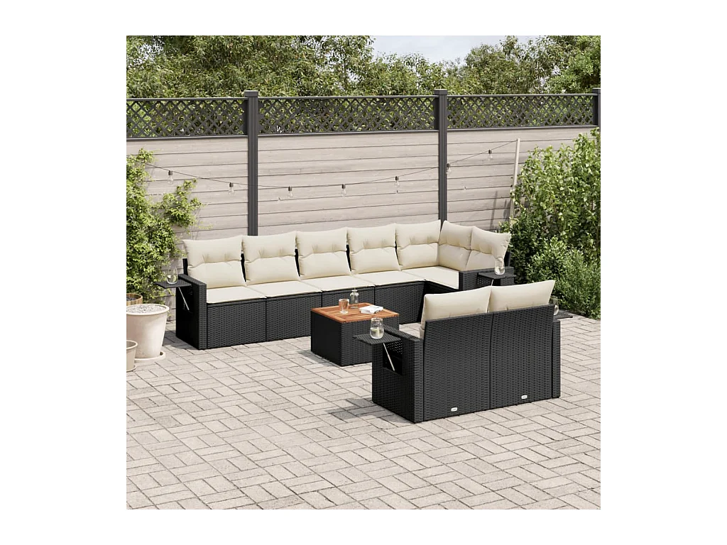 Salon de jardin 9 pcs avec coussins noir résine tressée