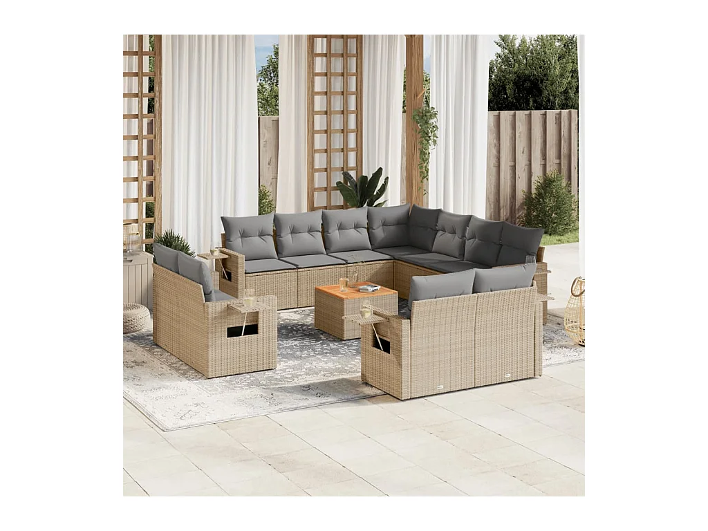 12-tlg. Garten-Sofagarnitur mit Kissen Beige Poly Rattan