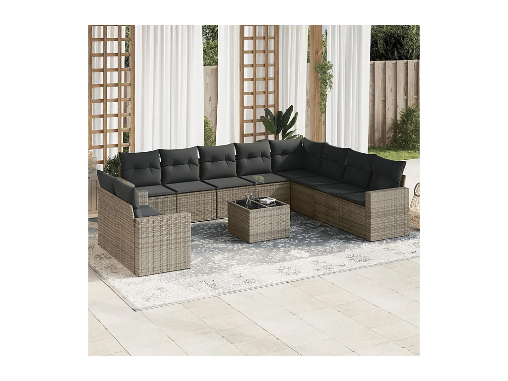 Set de sofás de jardín 11 pzas y cojines ratán sintético gris