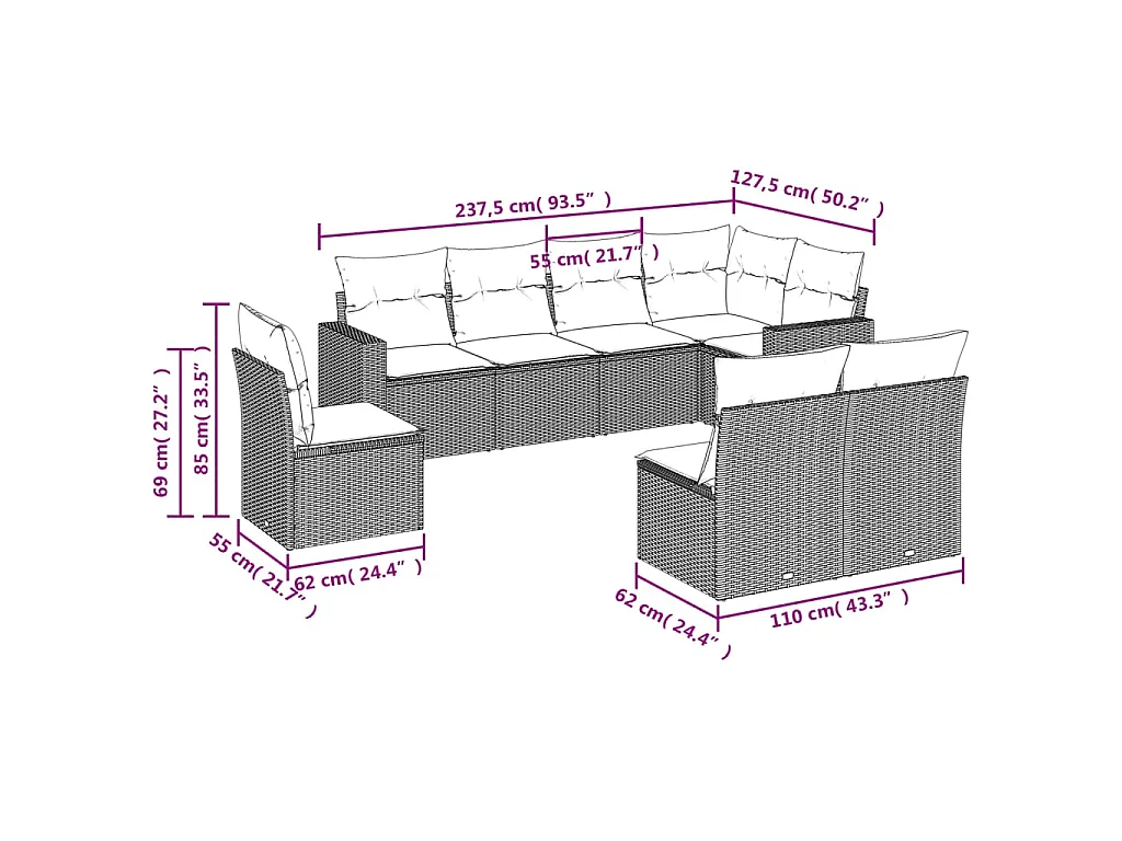 8-tlg. Garten-Sofagarnitur mit Kissen Braun Poly Rattan