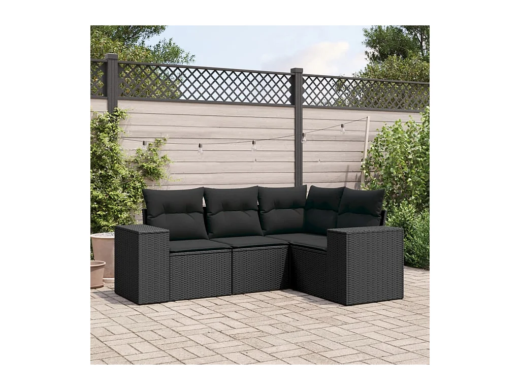 4-delige Loungeset met kussens poly rattan zwart