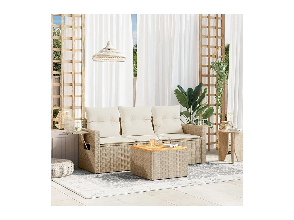 4-delige Loungeset met kussens poly rattan beige
