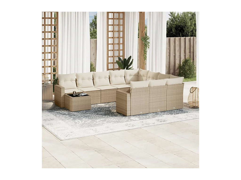 11-delige Tuinset met kussens poly rattan beige