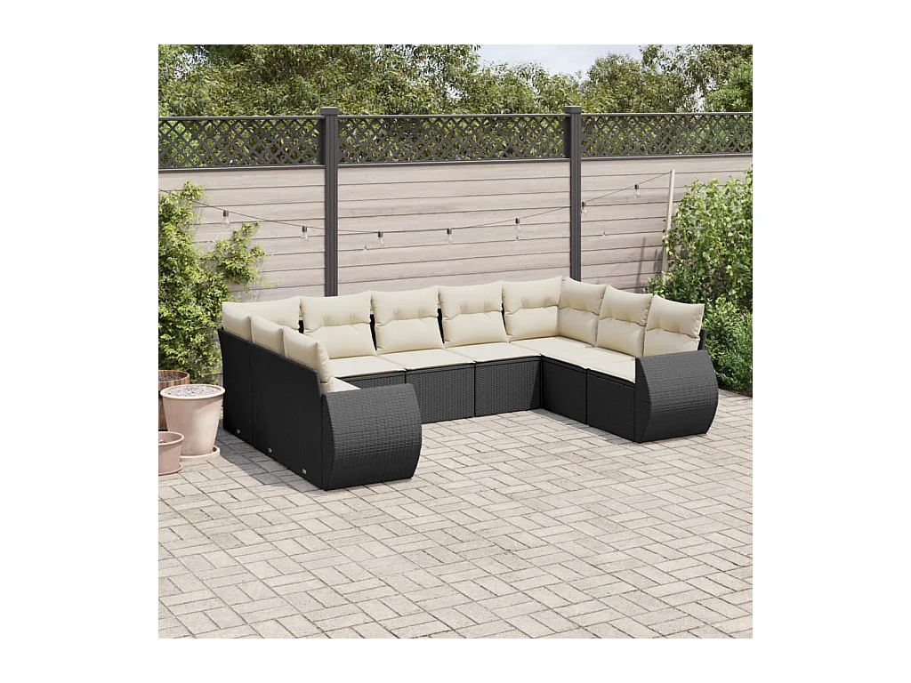 Salon de jardin 9 pcs avec coussins noir résine tressée