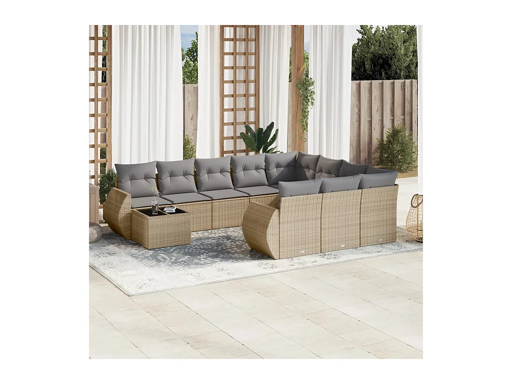 11-tlg. Garten-Sofagarnitur mit Kissen Beige Poly Rattan