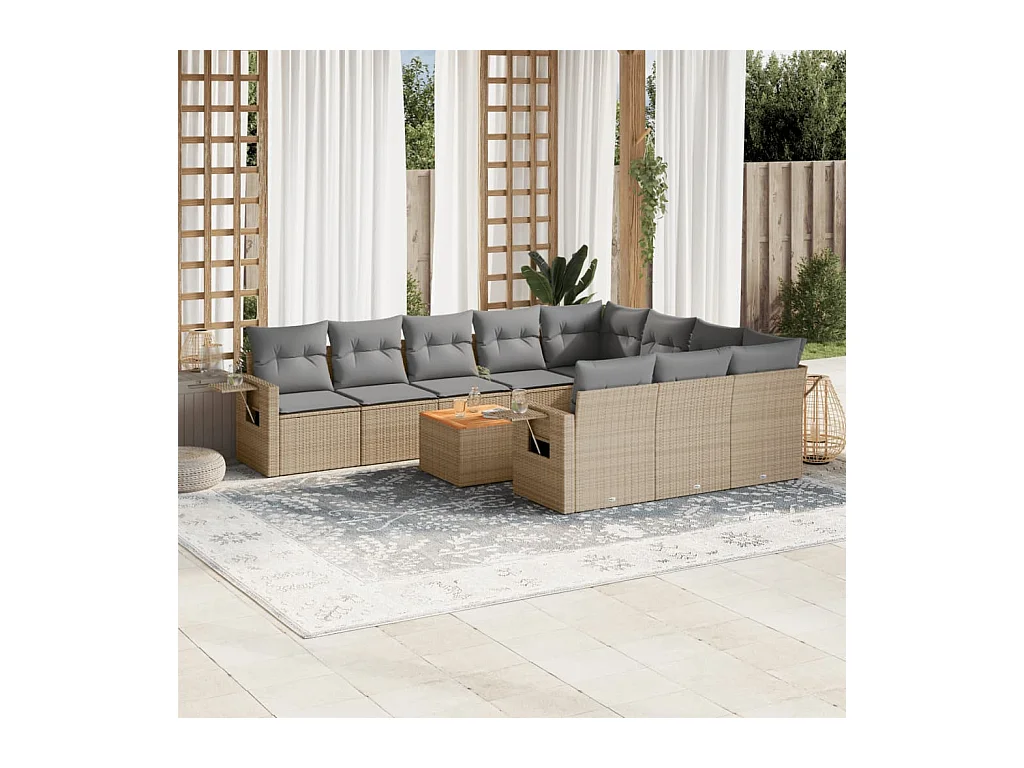 11-tlg. Garten-Sofagarnitur mit Kissen Beige Poly Rattan