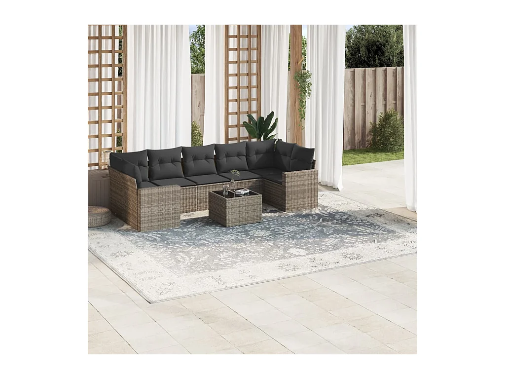 8-delige Loungeset met kussens poly rattan grijs