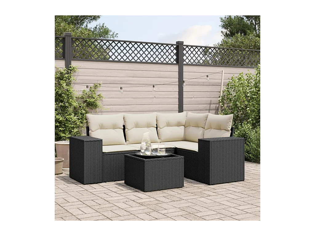 Salon de jardin 5 pcs avec coussins noir résine tressée