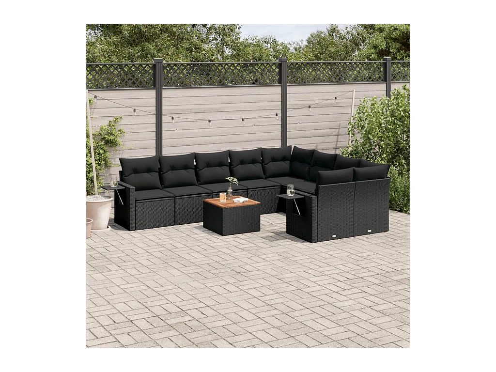 Set Divani da Giardino 10pz con Cuscini in Polyrattan Nero