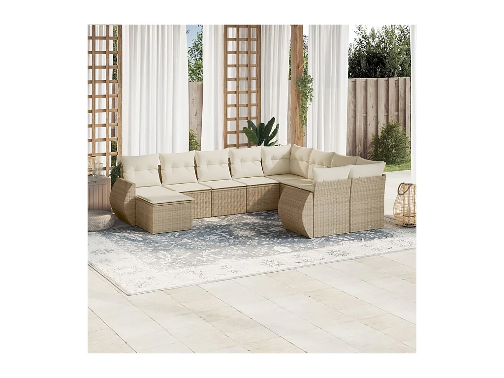 Salon de jardin avec coussins 10 pcs beige résine tressée