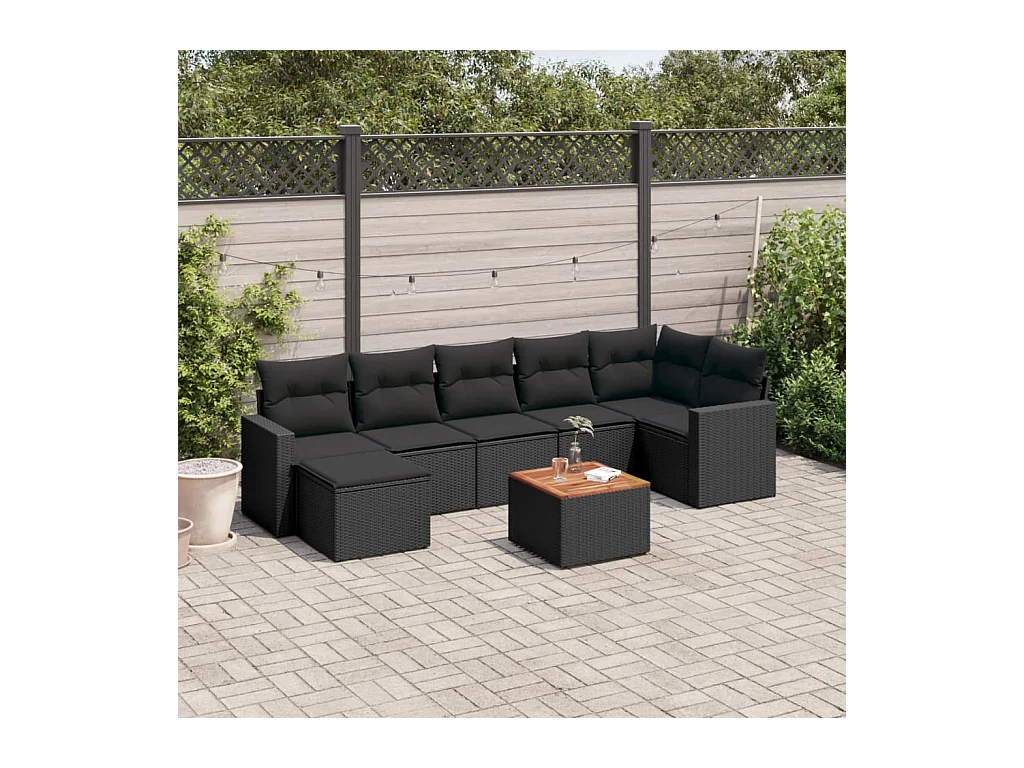 Salon de jardin 8 pcs avec coussins noir résine tressée