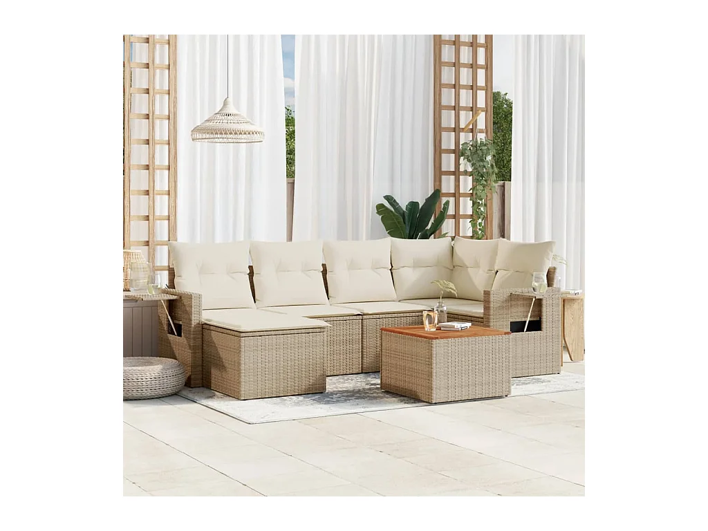 Salon de jardin avec coussins 7 pcs beige résine tressée