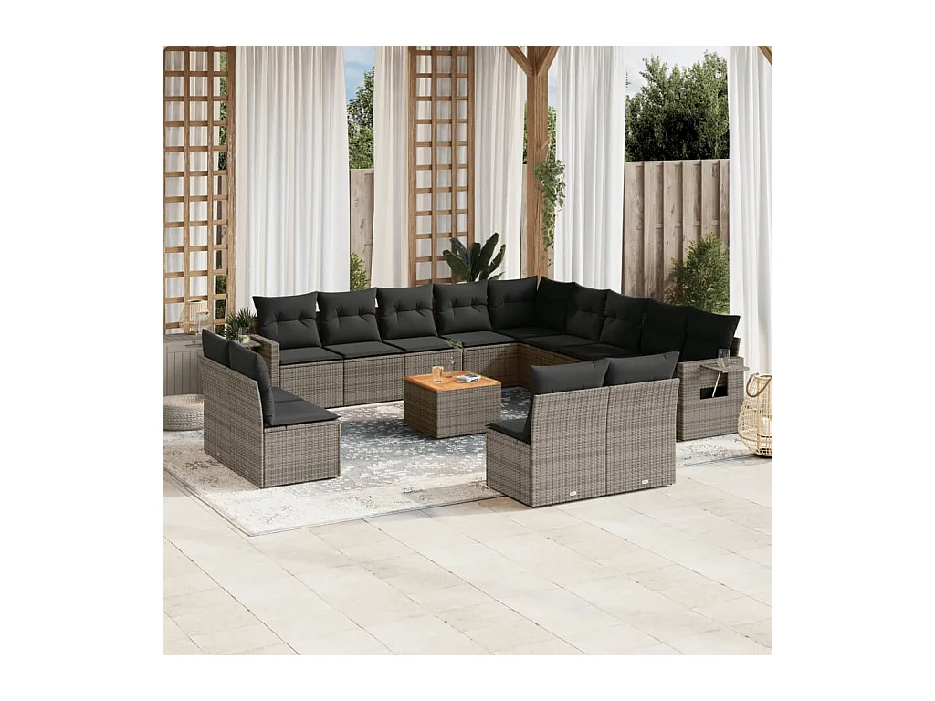 Set Divani da Giardino 14pz con Cuscini in Polyrattan Grigio
