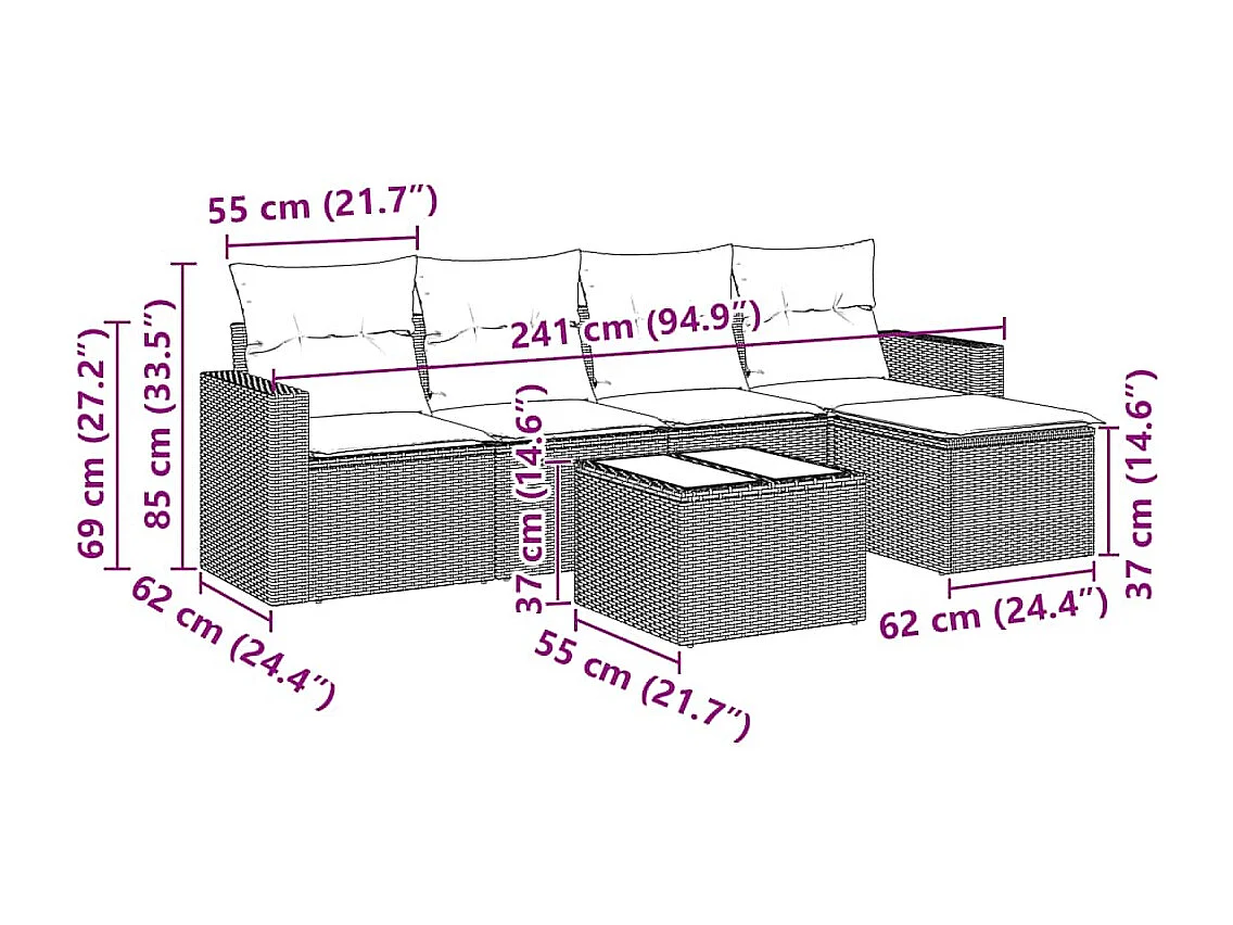 6-tlg. Garten-Sofagarnitur mit Kissen Schwarz Poly Rattan
