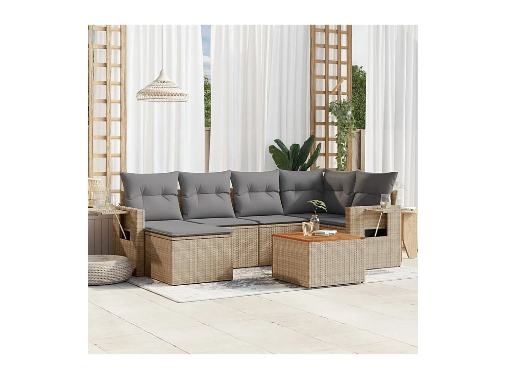 7-delige Loungeset met kussens poly rattan beige