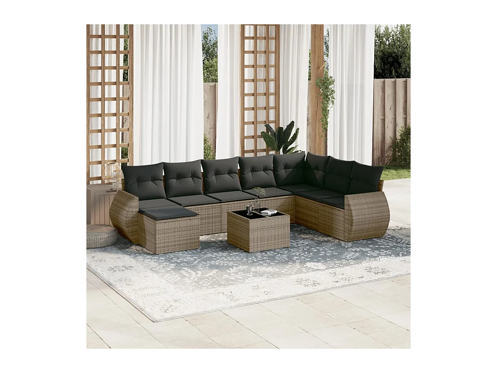 Salon de jardin 9 pcs avec coussins gris résine tressée