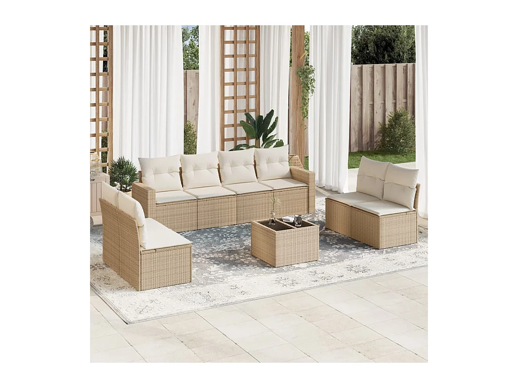 Salon de jardin avec coussins 9 pcs beige résine tressée