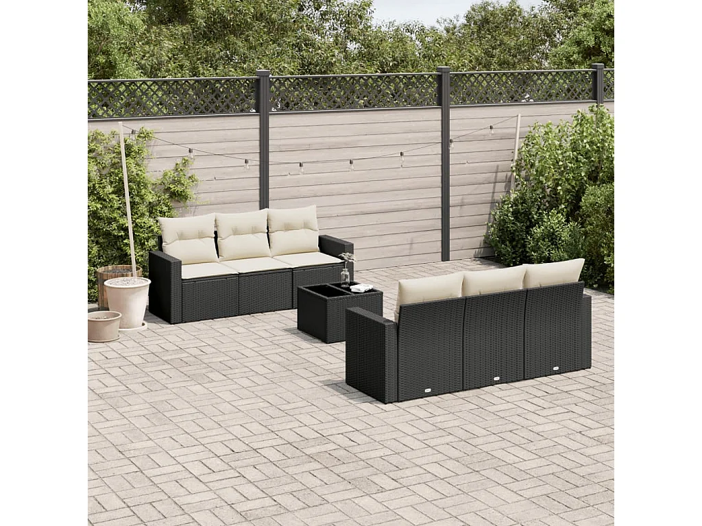 7-tlg. Garten-Sofagarnitur mit Kissen Schwarz Poly Rattan