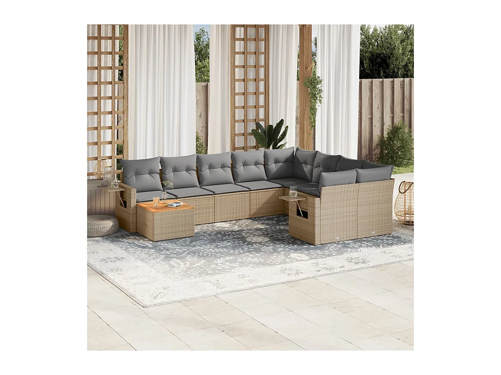 Set Divano da Giardino 10 pz con Cuscini Beige in Polyrattan