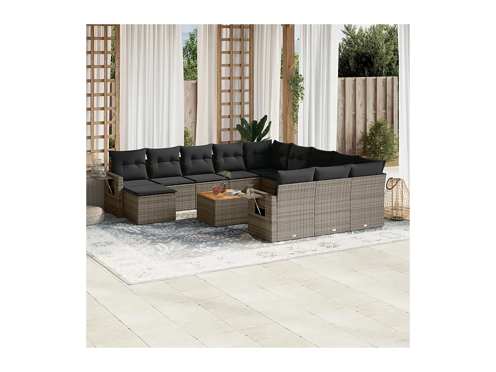13-tlg. Garten-Sofagarnitur mit Kissen Grau Poly Rattan