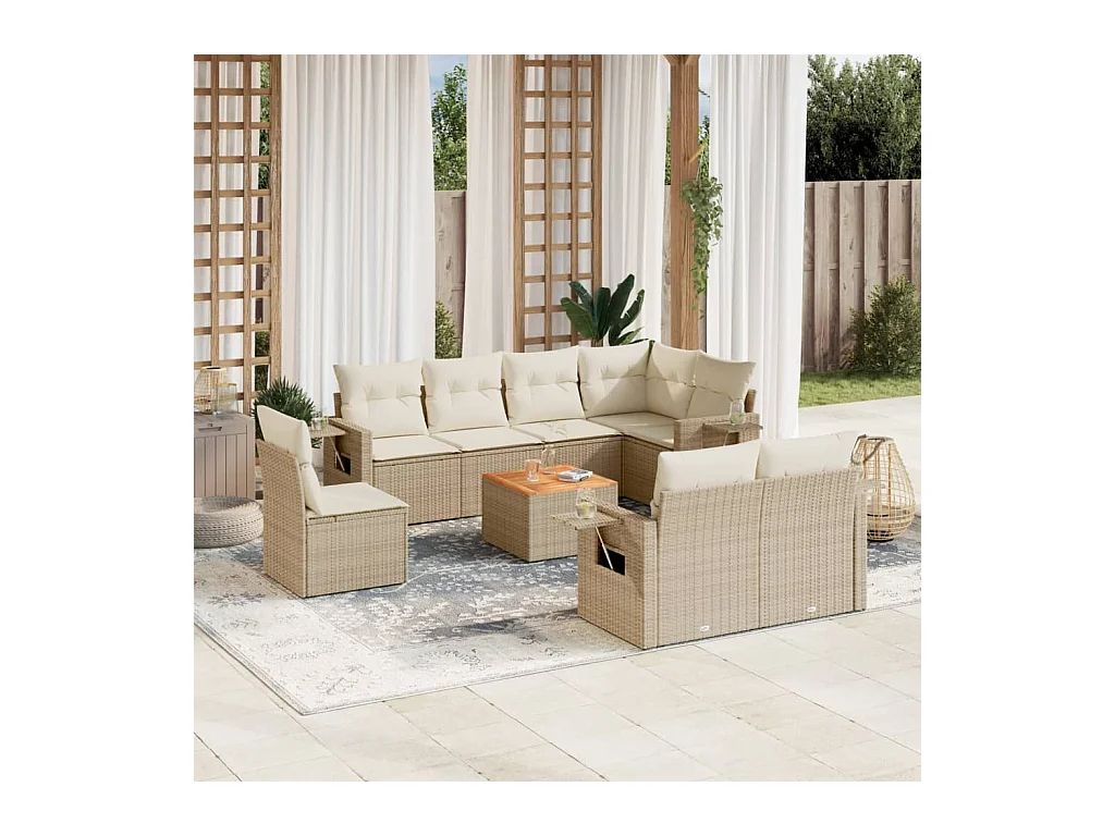 9-delige Loungeset met kussens poly rattan beige