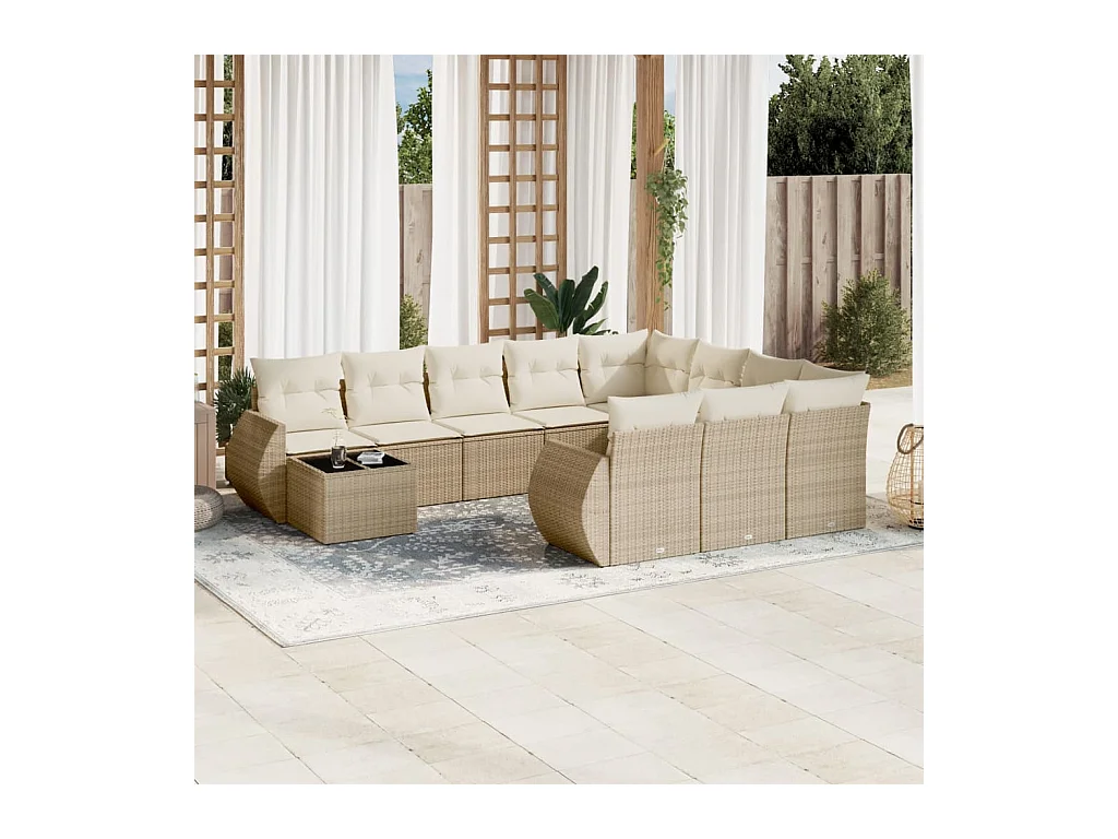 11-tlg. Garten-Sofagarnitur mit Kissen Beige Poly Rattan