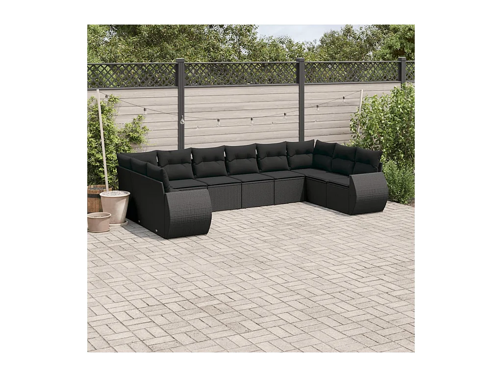 Set Divani da Giardino 10pz con Cuscini in Polyrattan Nero