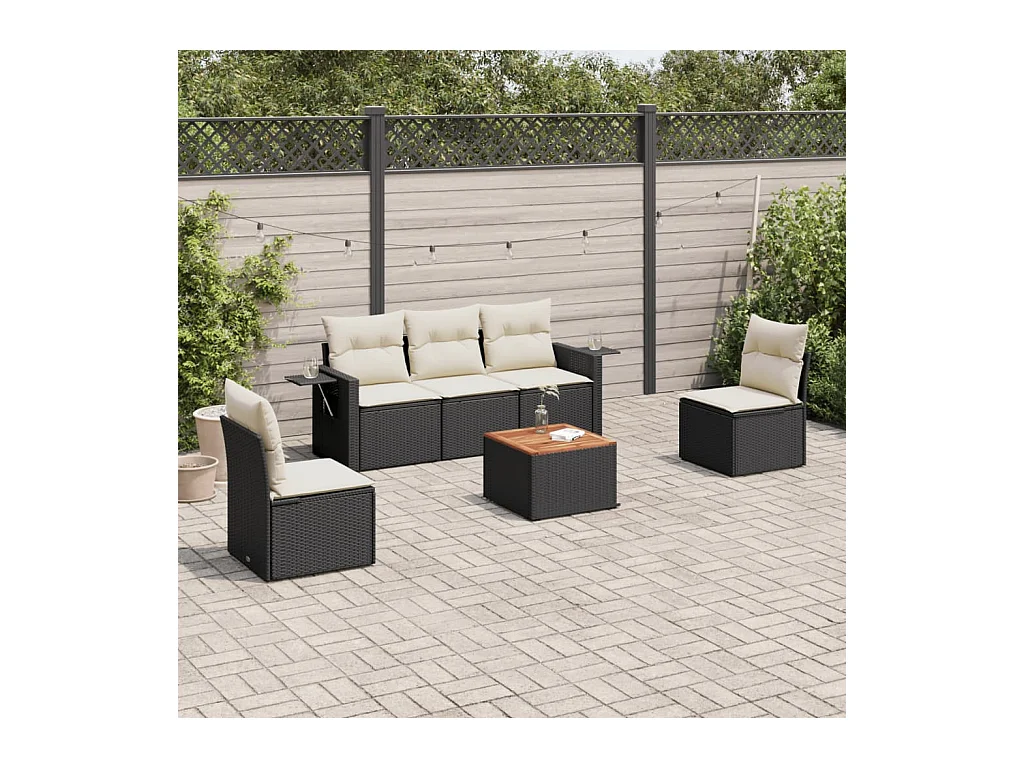 Salon de jardin 6 pcs avec coussins noir résine tressée