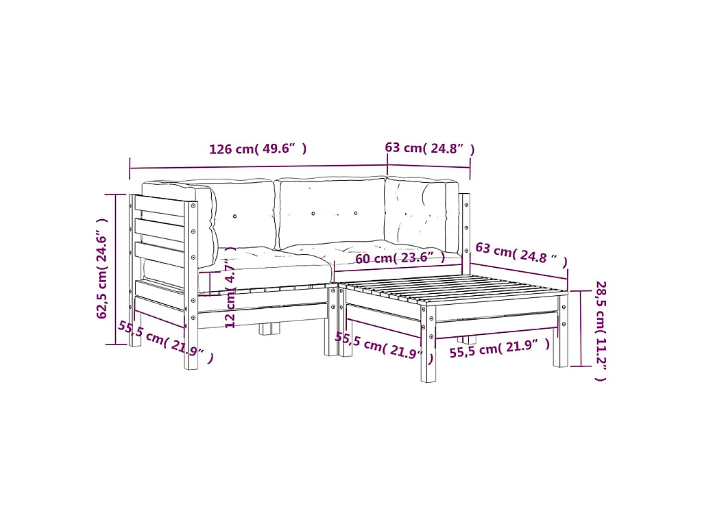 Canapé de jardin avec coussins et repose-pied 2 places