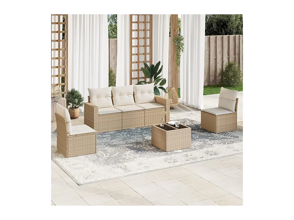 6-delige Loungeset met kussens poly rattan beige