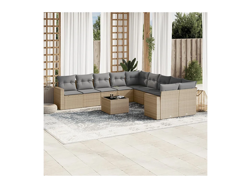 Salon de jardin 11 pcs avec coussins beige résine tressée