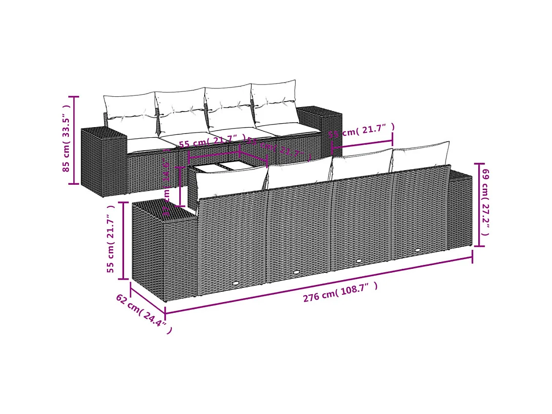 9-delige Loungeset met kussens poly rattan beige