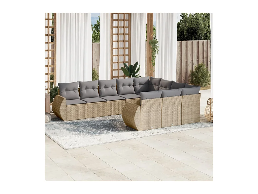 10-delige Loungeset met kussens poly rattan beige