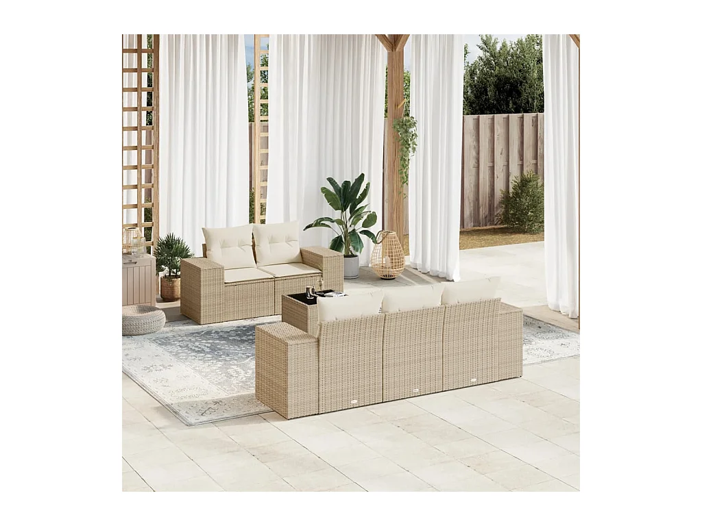 Salon de jardin avec coussins 6 pcs beige résine tressée