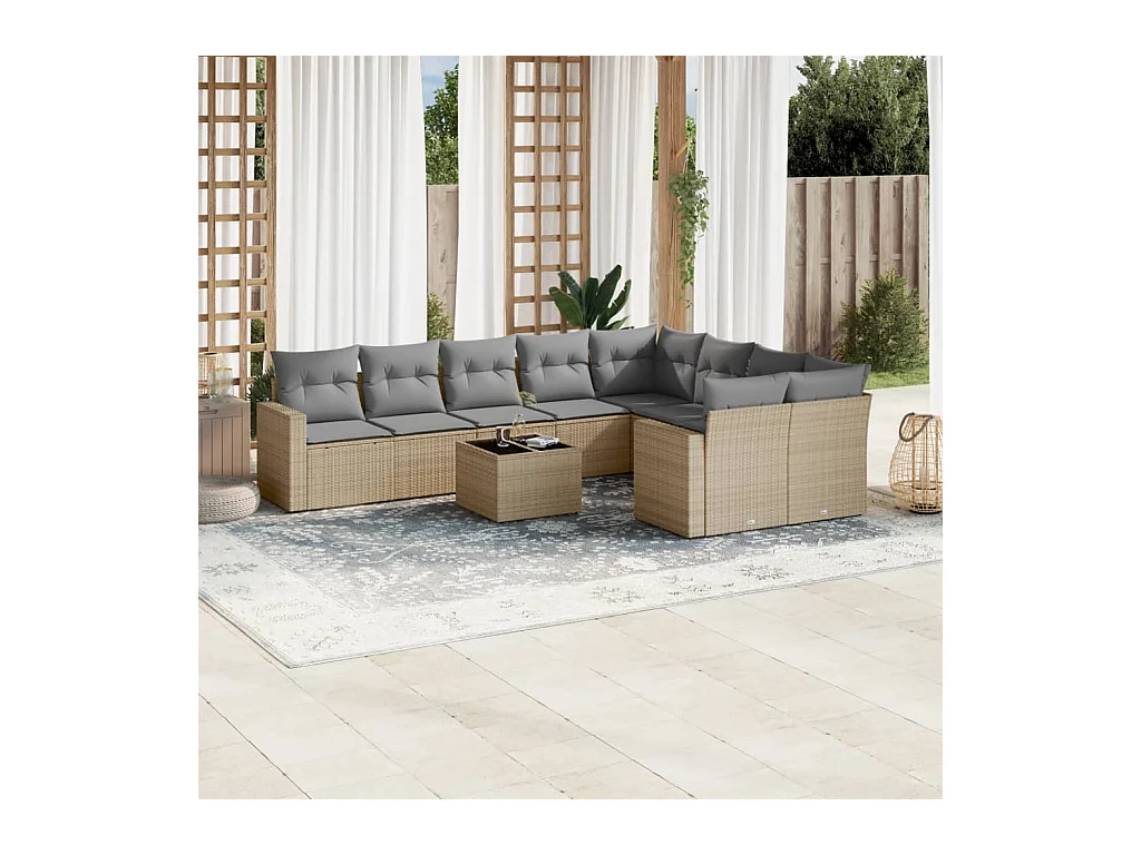 10-tlg. Garten-Sofagarnitur mit Kissen Beige Poly Rattan