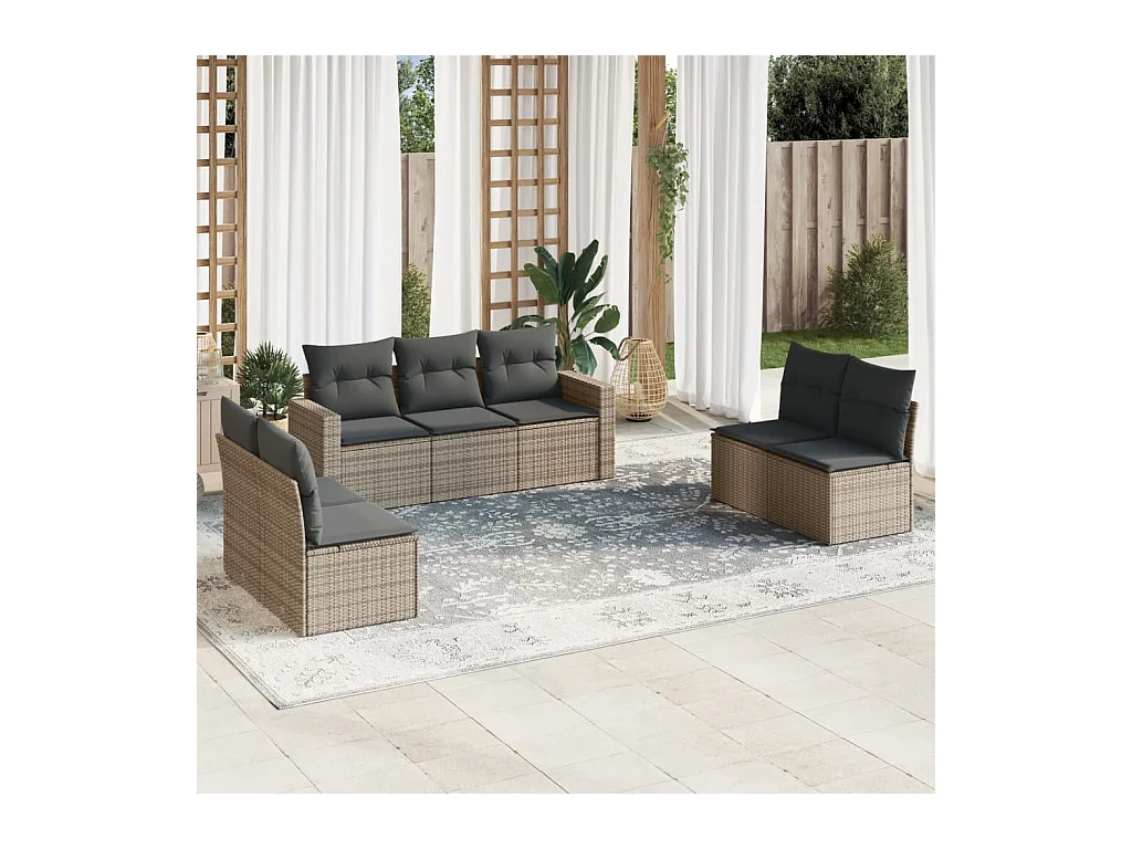 7-tlg. Garten-Sofagarnitur mit Kissen Grau Poly Rattan