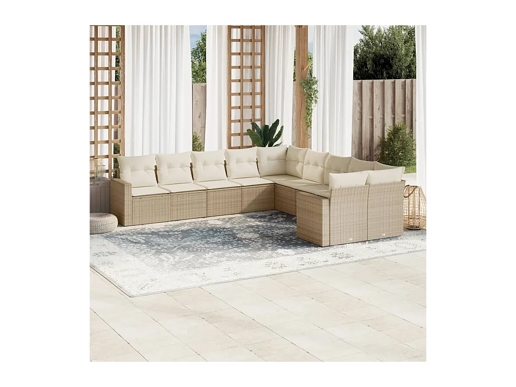 Salon de jardin avec coussins 10 pcs beige résine tressée