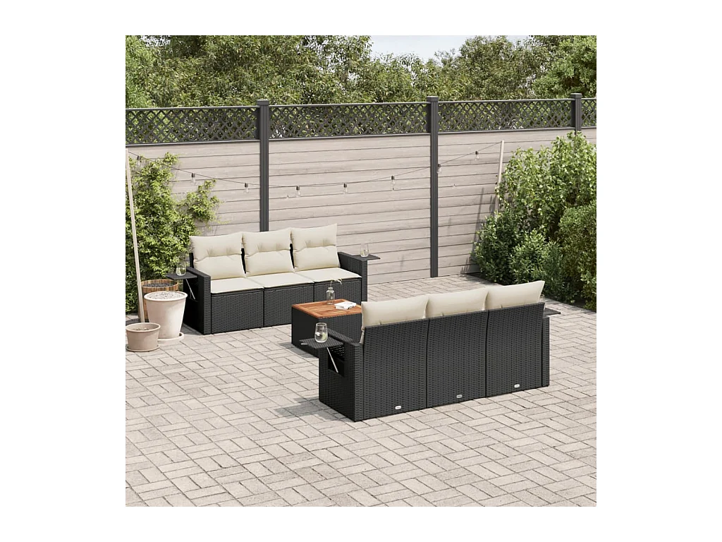 Salon de jardin 7 pcs avec coussins noir résine tressée