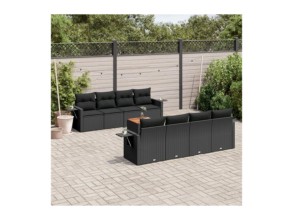 9-delige Loungeset met kussens poly rattan zwart