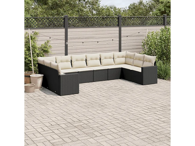 Set Divani da Giardino 10pz con Cuscini in Polyrattan Nero