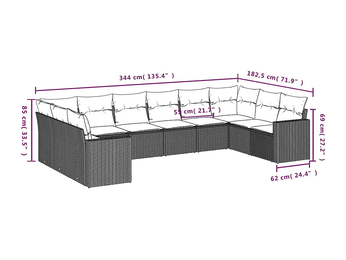 10-delige Loungeset met kussens poly rattan zwart