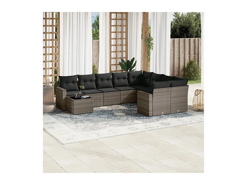 10-tlg. Garten-Sofagarnitur mit Kissen Grau Poly Rattan