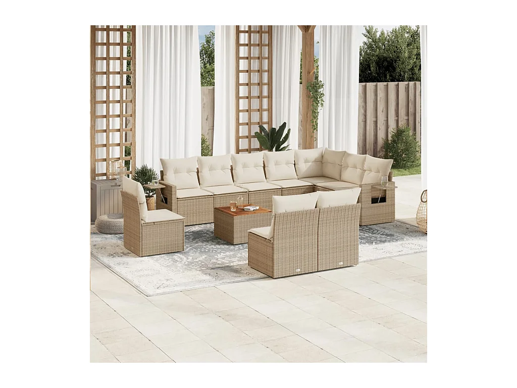 11-tlg. Garten-Sofagarnitur mit Kissen Beige Poly Rattan